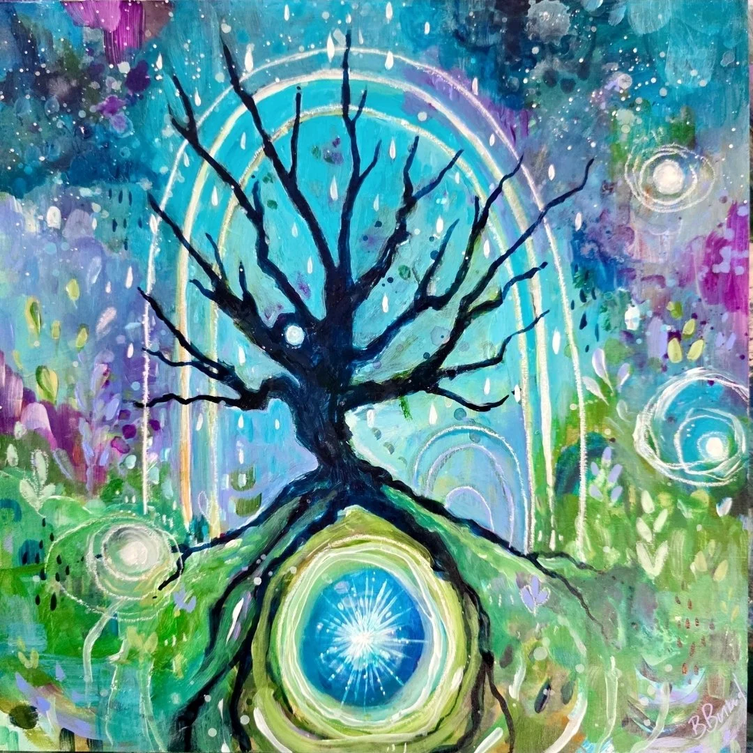 Tree of Life, mixed media on deep wood panel. Available.