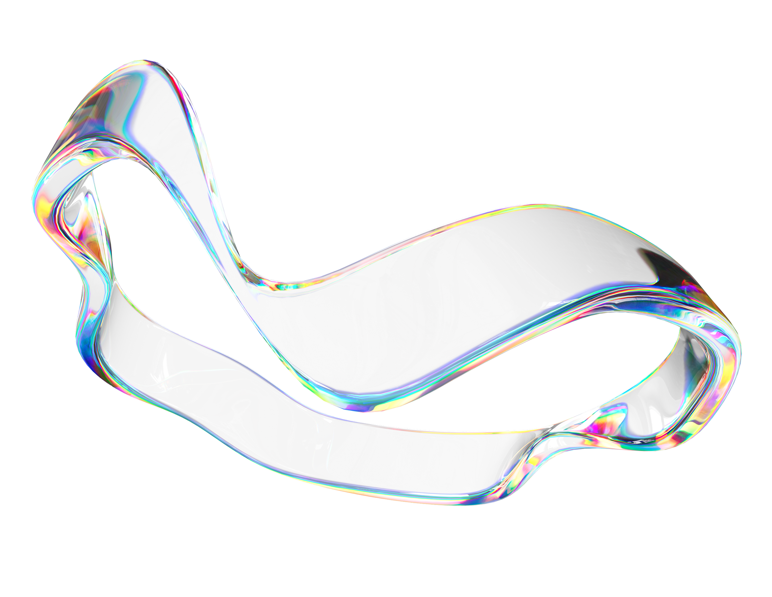 Abstract metallic sculpture with colorful iridescent edges against black background.
