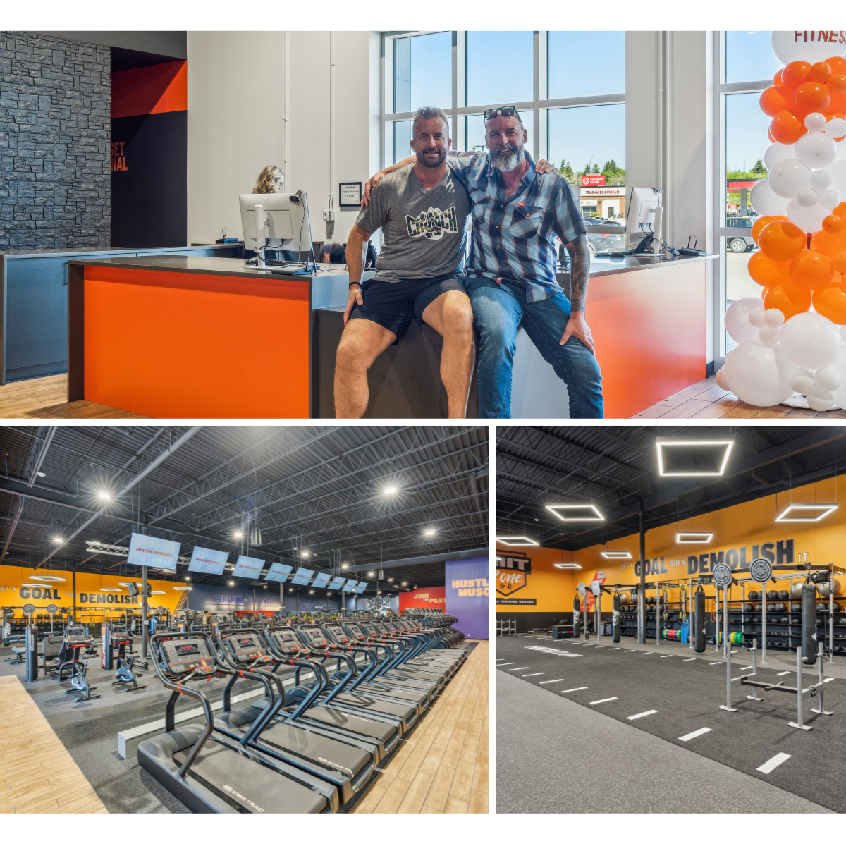 Top: Two men smiling and sitting at the reception desk of a gym with a bright orange front, behind a large window with a view outside. Bottom left: Rows of cardio treadmills in a spacious gym with high ceilings, electronic screens, and motivational signs. Bottom right: Strength training area with weights and fitness equipment, with a bright orange wall featuring the words "set a goal, then demolish it" and motivational graphics.