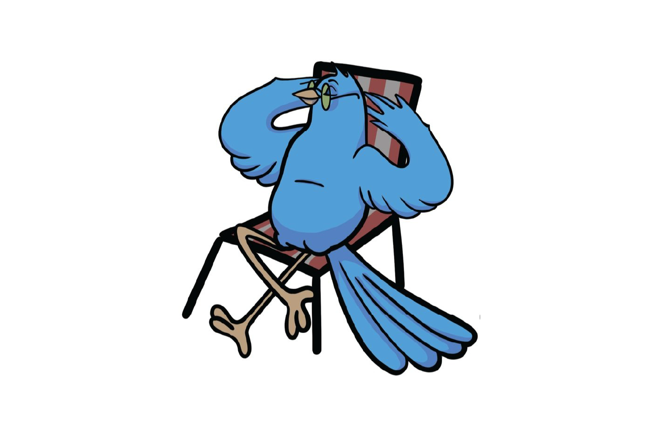 Cartoon bluebird sitting on a chair, holding a remote control, wearing glasses.
