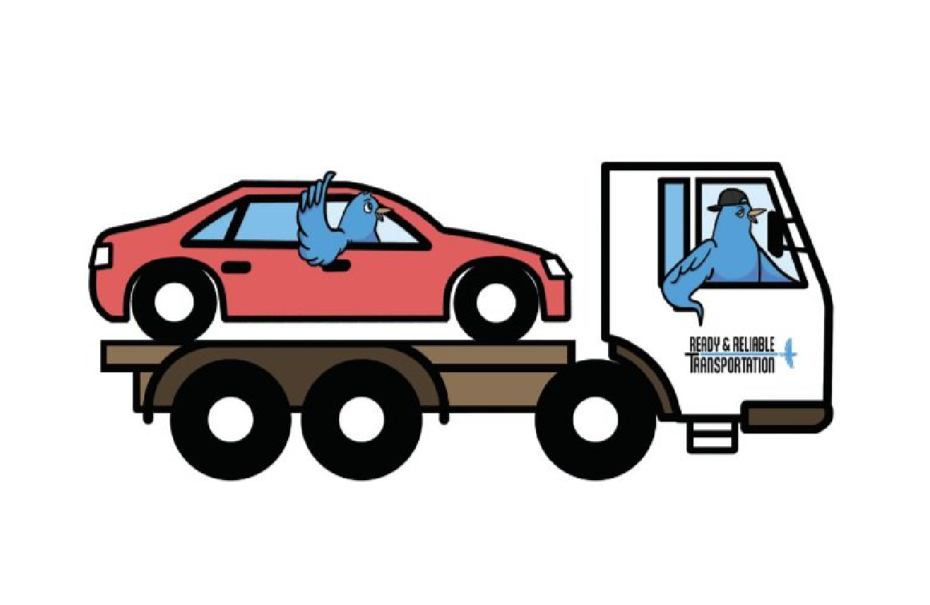 A cartoon illustration of a blue bird with a hat driving a truck carrying a pink car, with another blue bird hanging out of the car window. The truck has a label that reads "Ready & Reliable Transportation."
