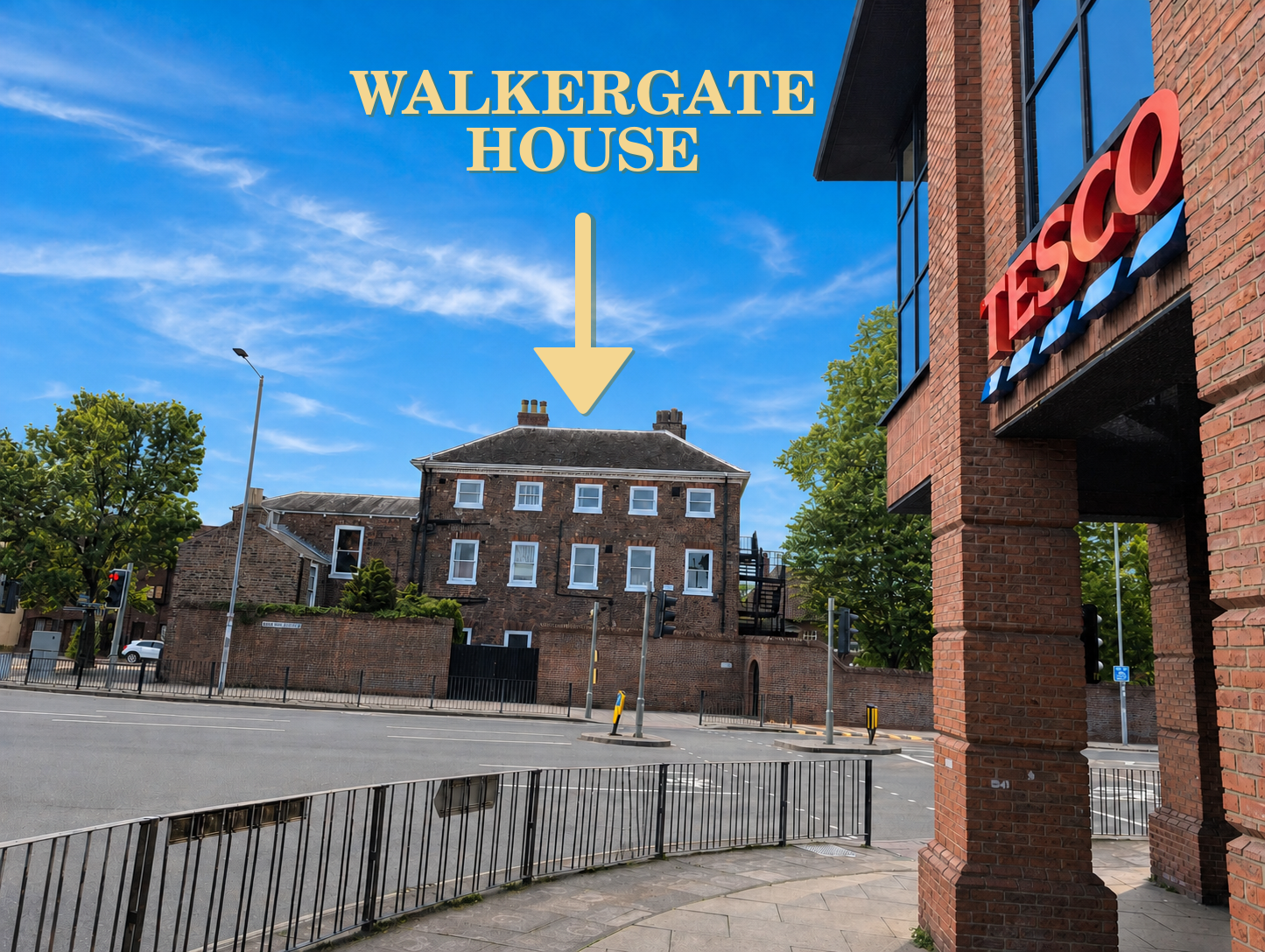 Rear of Walkergate House seen from the nearby Tesco car park, showing the approach to Earth Life Therapy in Beverley.