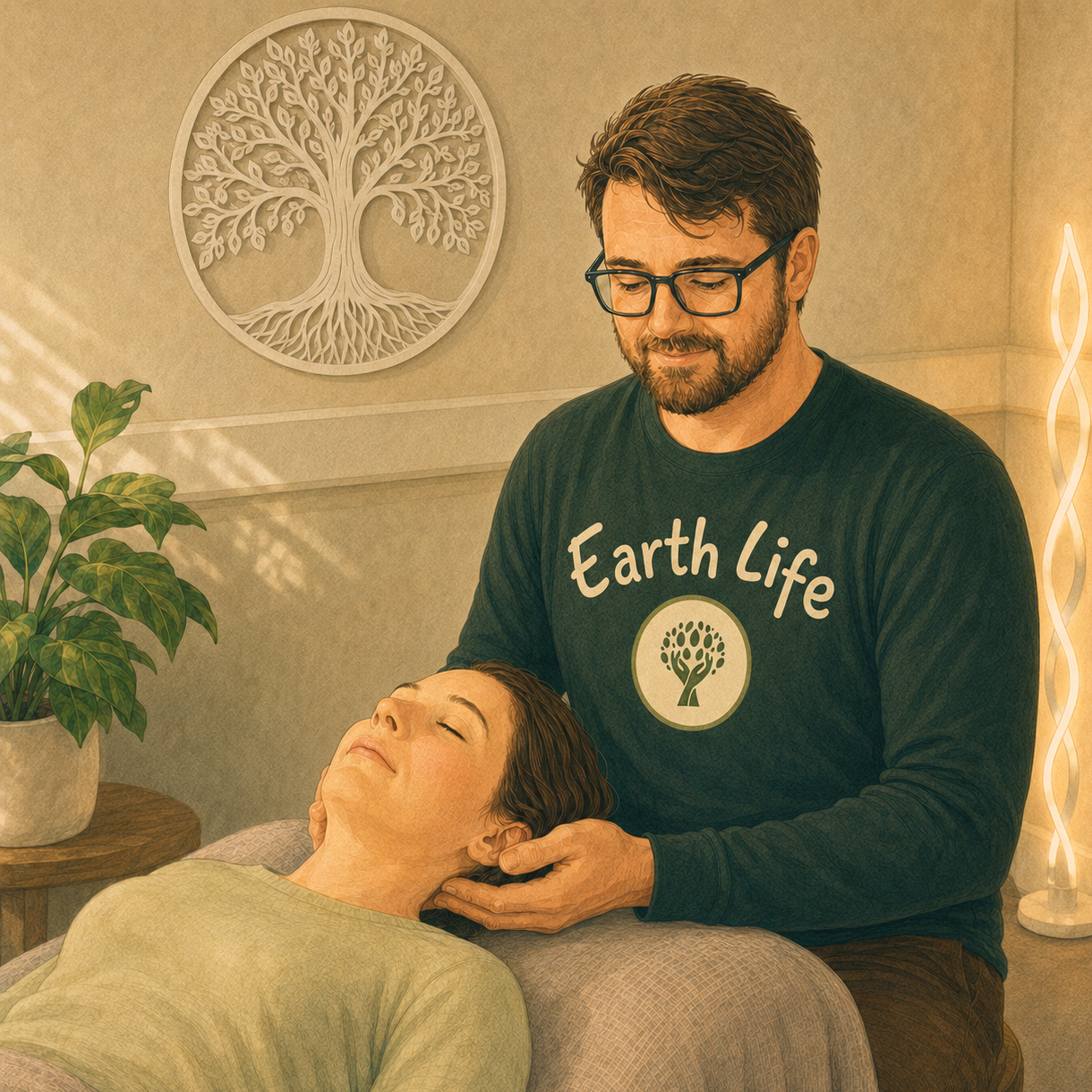 Illustration of Richard providing gentle Craniosacral Therapy in the Earth Life treatment room in Beverley.