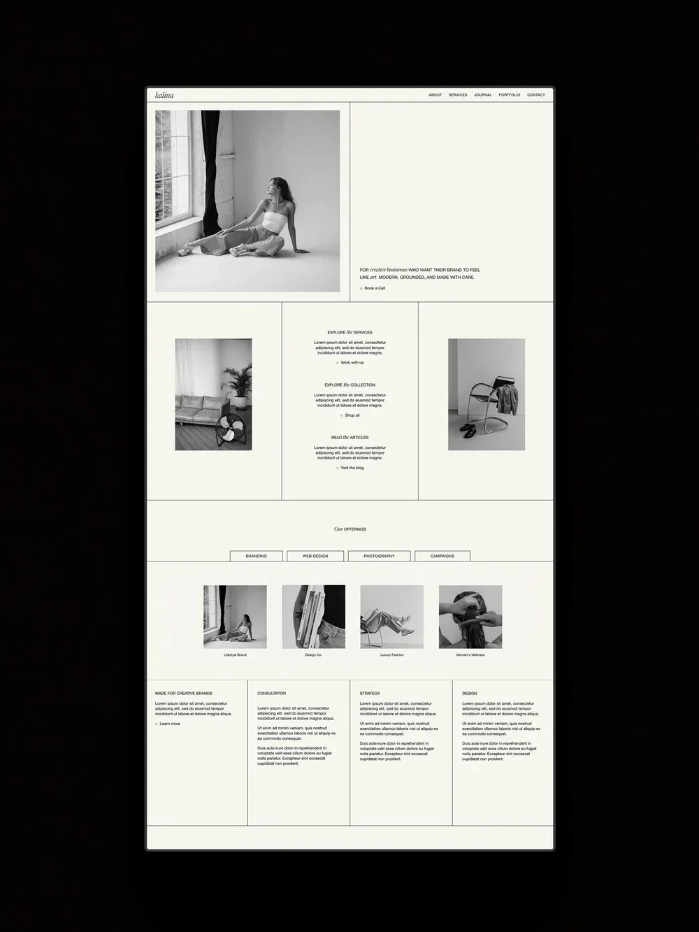 The Kalina Squarespace template displayed on a vertical screen.