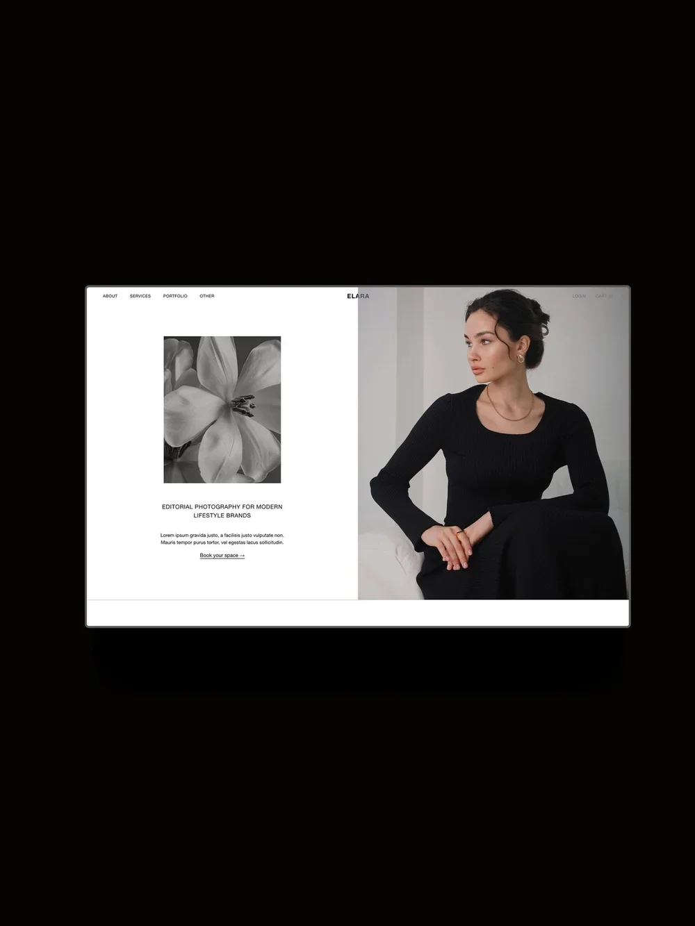 The Elara Squarespace template displayed on a horizontal screen.