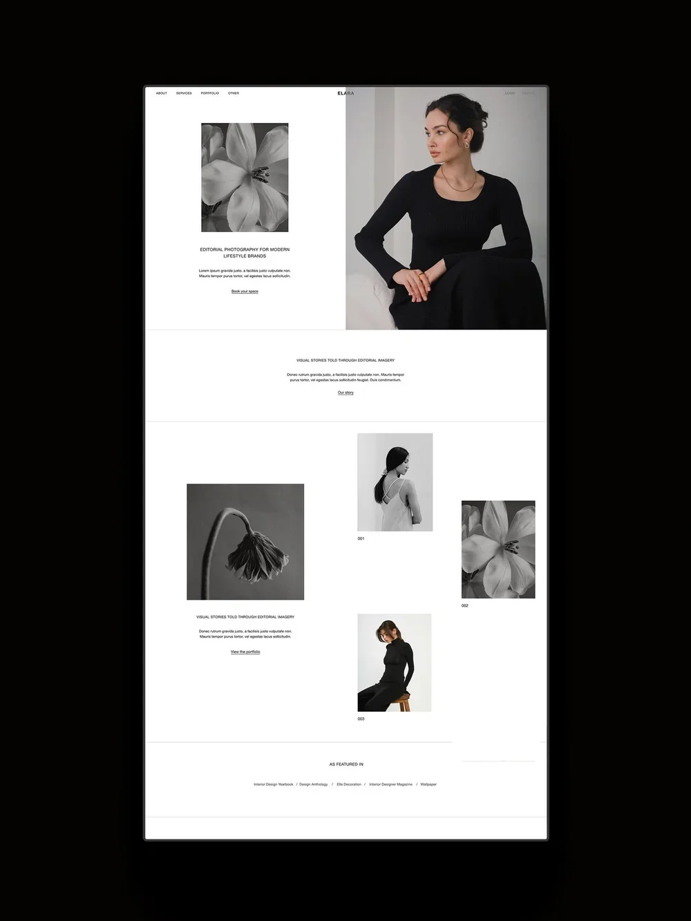 The Elara Squarespace template displayed on a vertical screen.