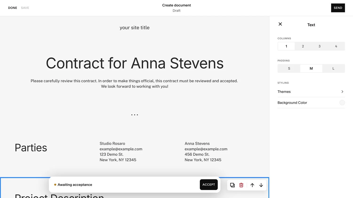 Creating a contract with Squarespace Invoicing.