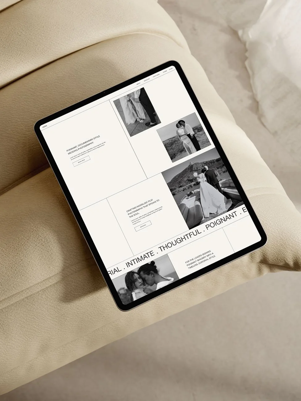 The Vera Squarespace wedding photography template for photographers, lifestyle creatives, and brand storytellers, displayed on an iPad screen.
