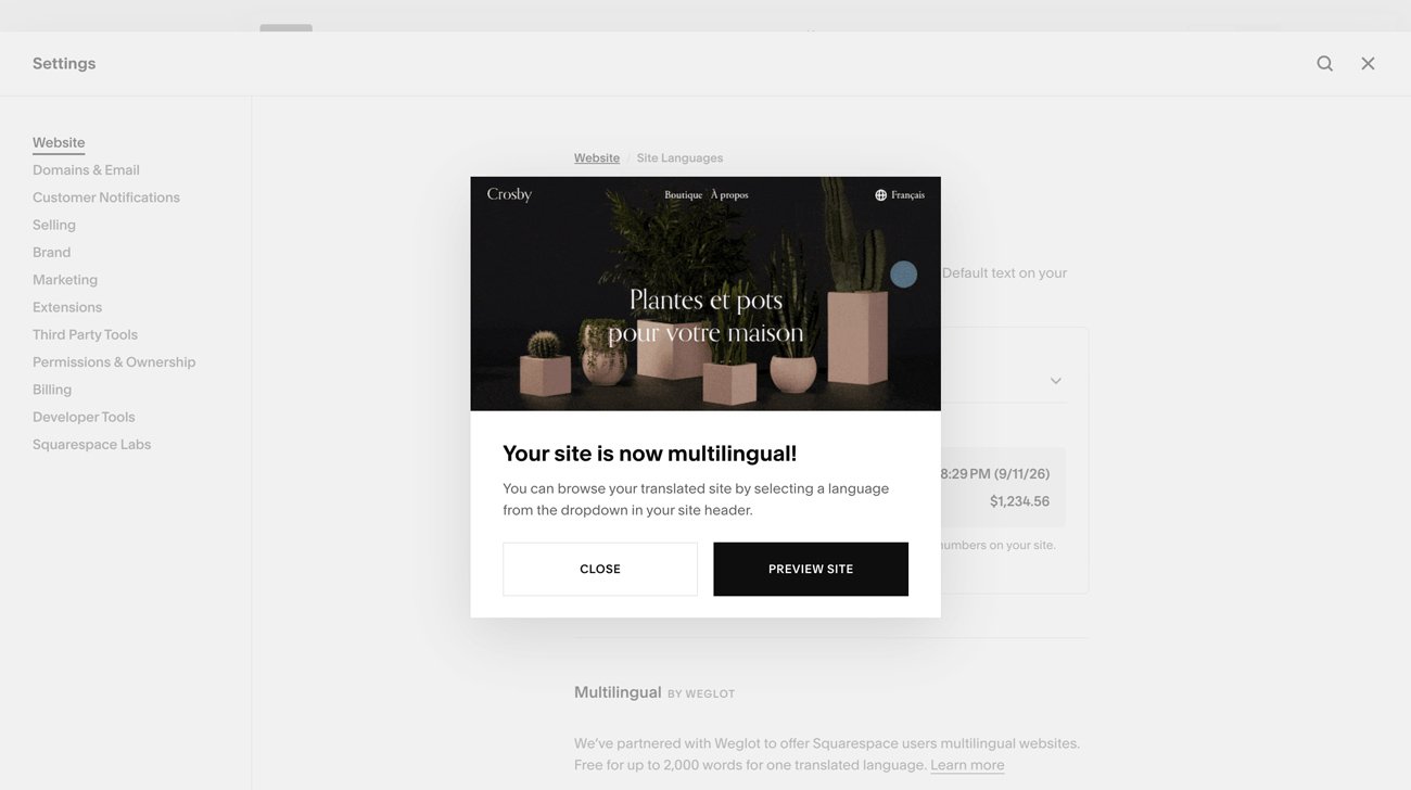 A Squarespace pop up showing that the website is now multilingual.