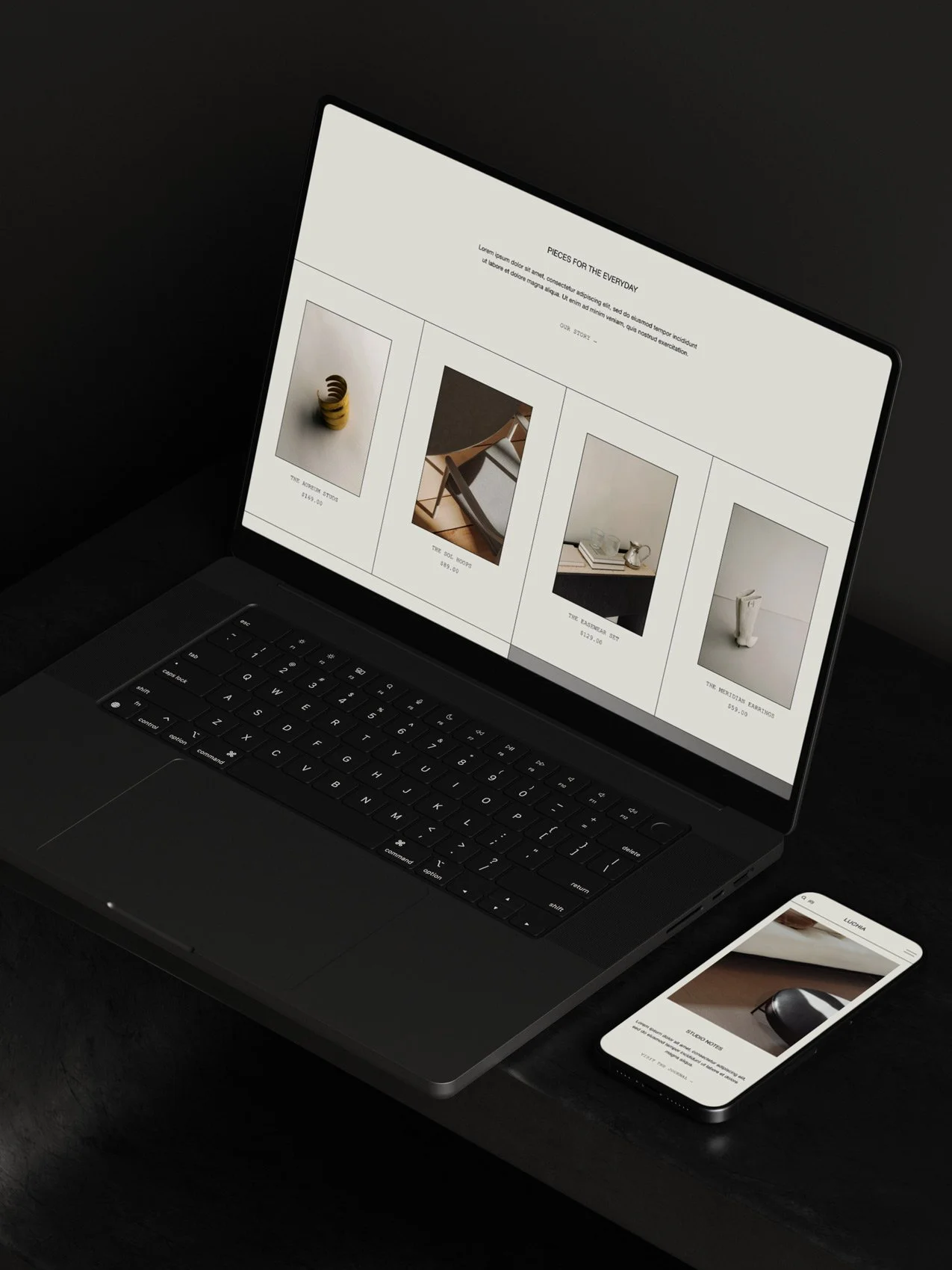The Luchia Squarespace shop template displayed on a laptop and mobile phone screen.
