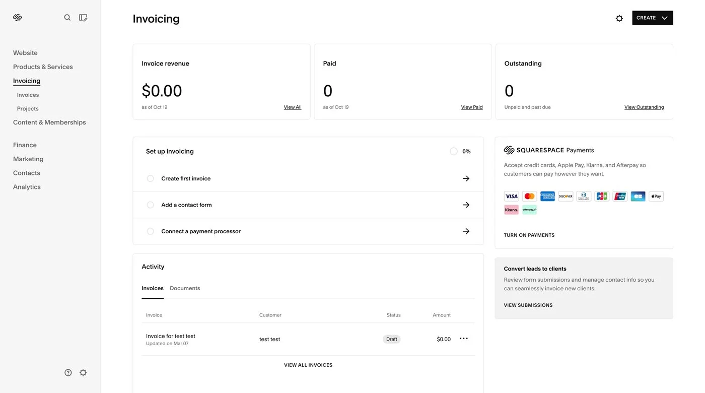 Setting up a Squarespace Invoicing CRM in the Squarespace dashboard.