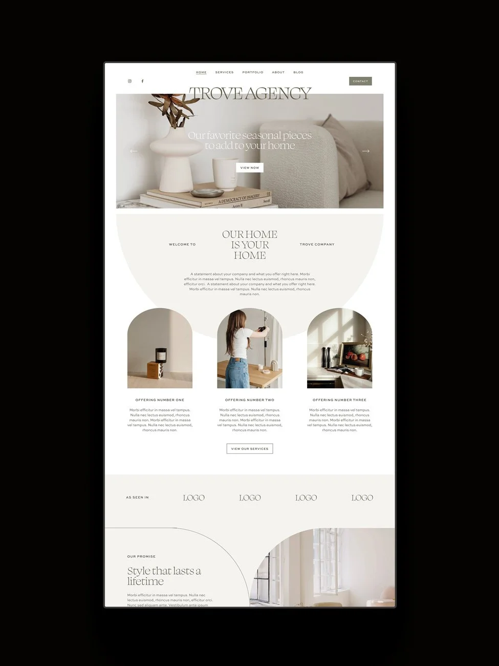 The Trove Agency Squarespace template displayed on a vertical screen.