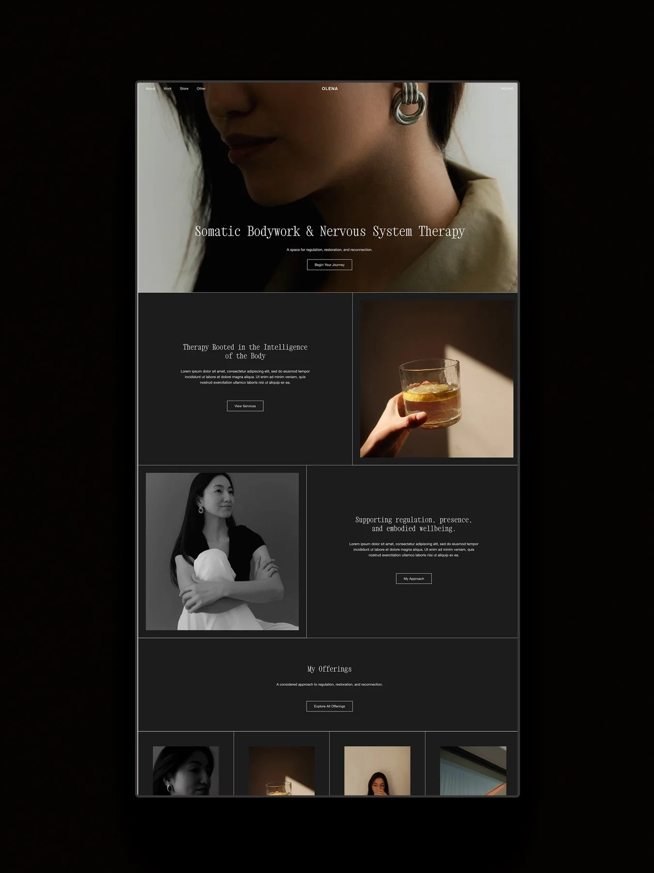 The Olena Squarespace therapy template displayed on a screen mockup.