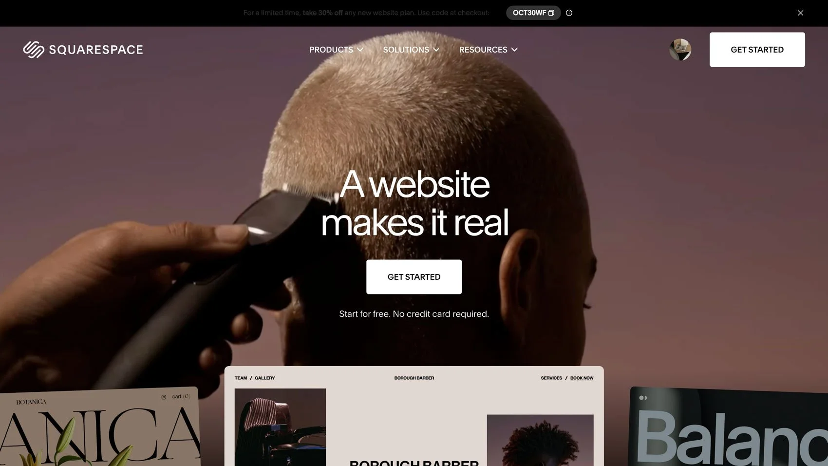 The Squarespace website home page.