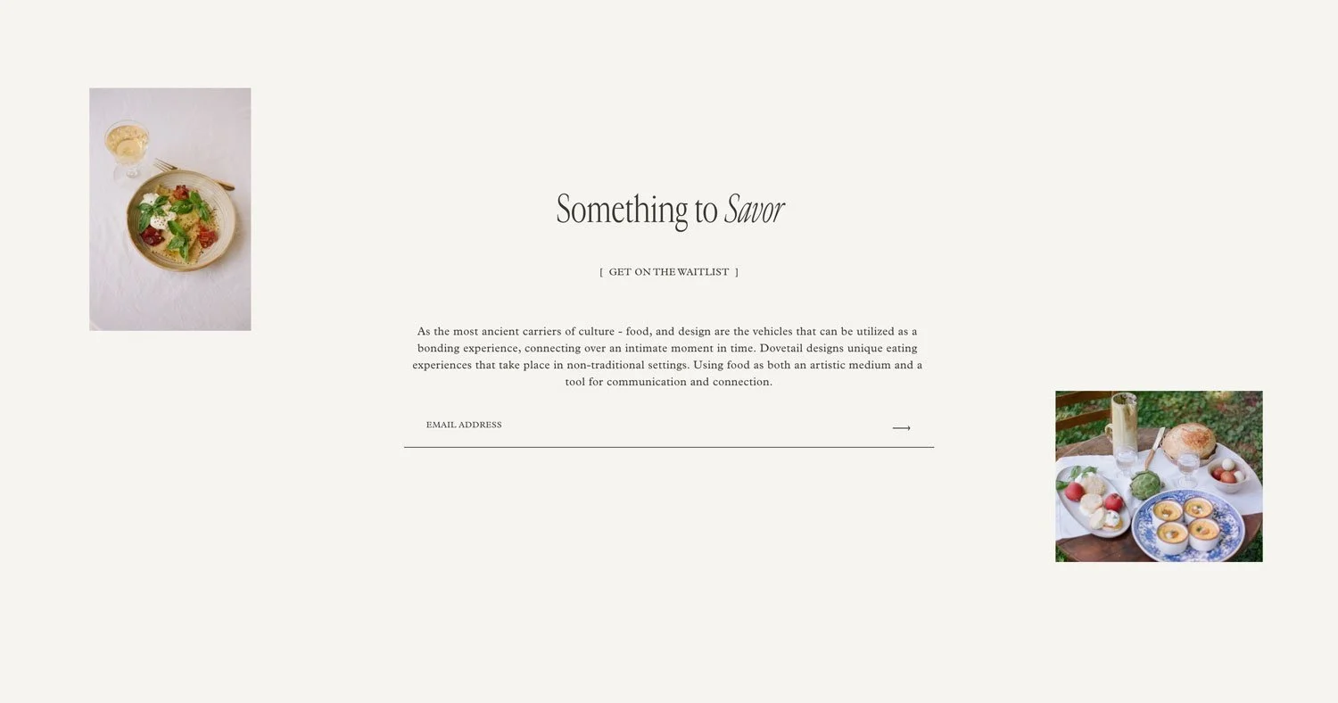 A webpage design with a section titled "Savor" and a photo of a table with and baked goods.