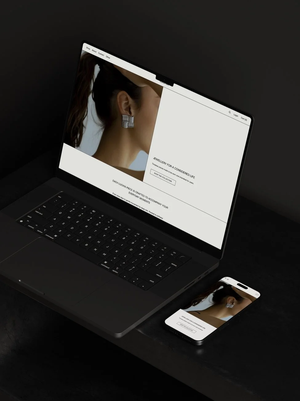 The Luchia Squarespace shop template displayed on a laptop and mobile phone.