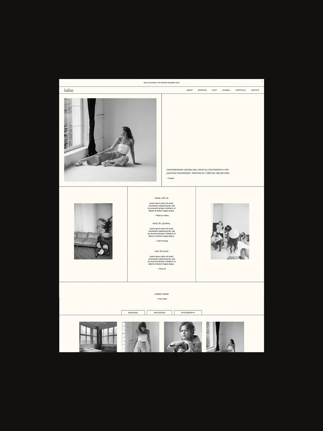 The home page of the Kalina Squarespace portfolio template.