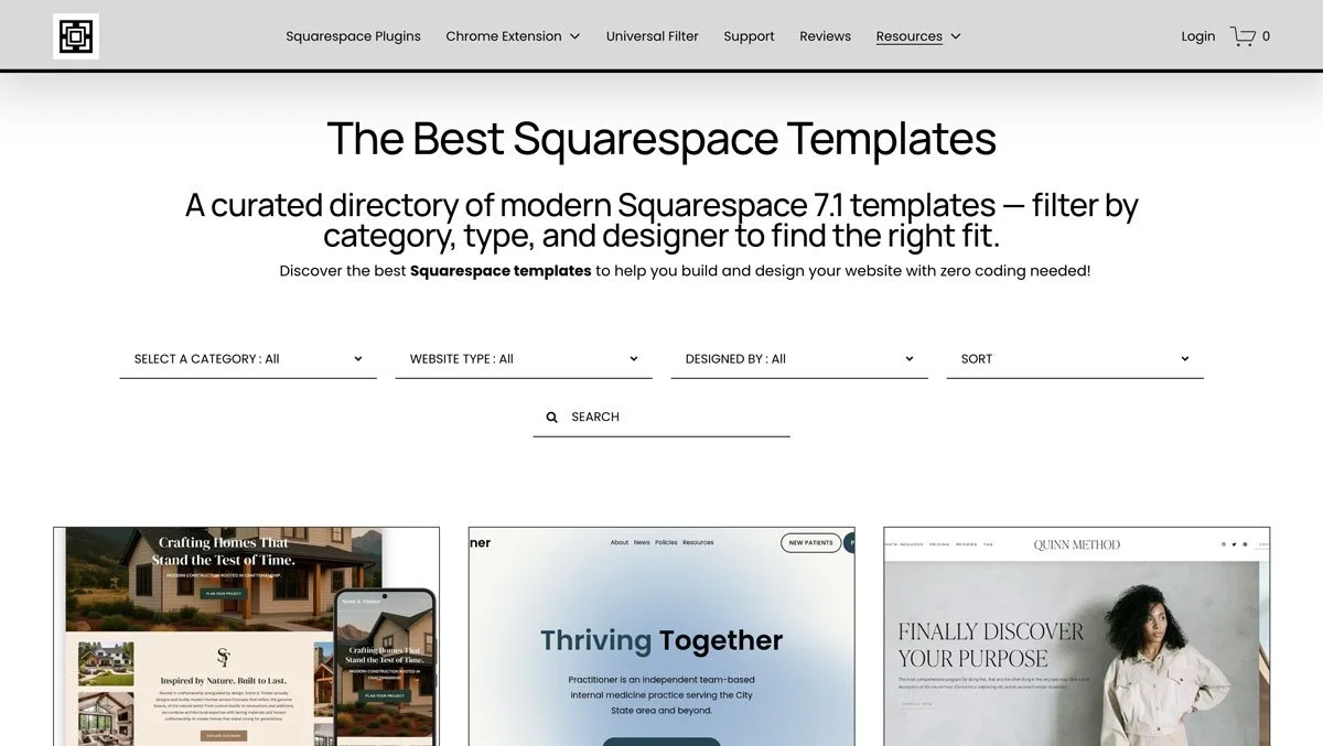 The SquareWebsites Template Directory page.