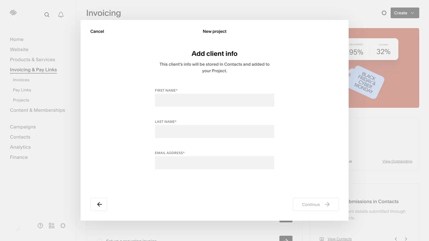 The Add Client Info area in Squarespace Invoicing.