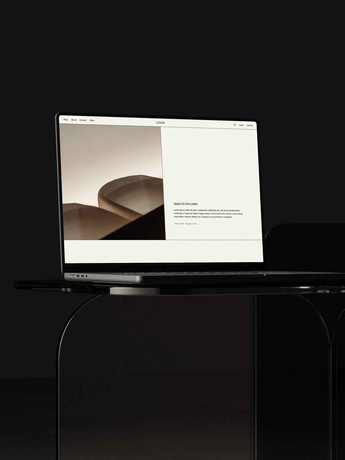 The Luchia Squarespace shop template displayed on a laptop screen.