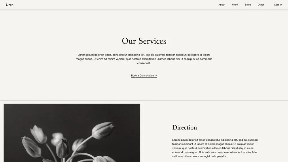 The Liren Squarespace template Services page.