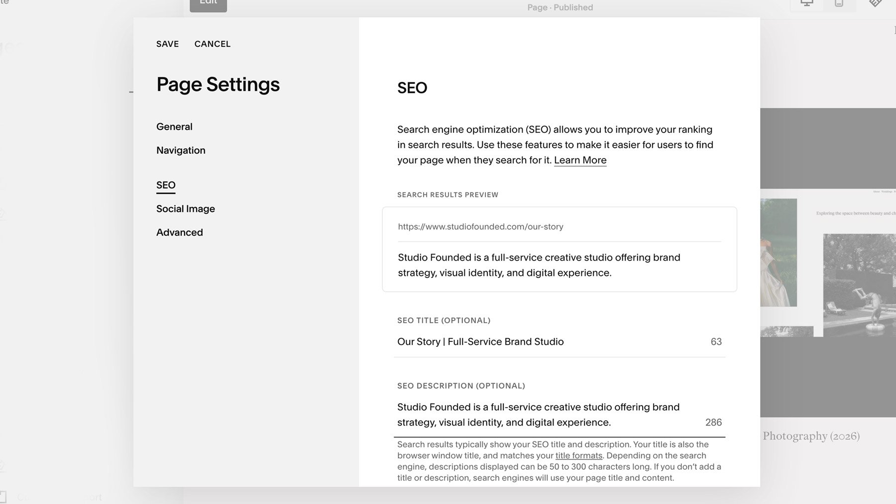 A screenshot of adding meta data in Squarespace page settings.