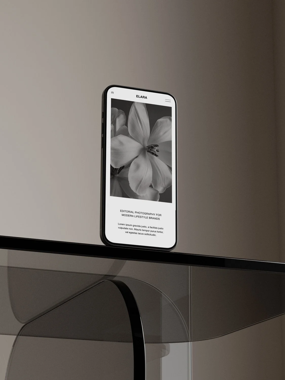 The Elara Squarespace photography template displayed on a mobile phone screen.