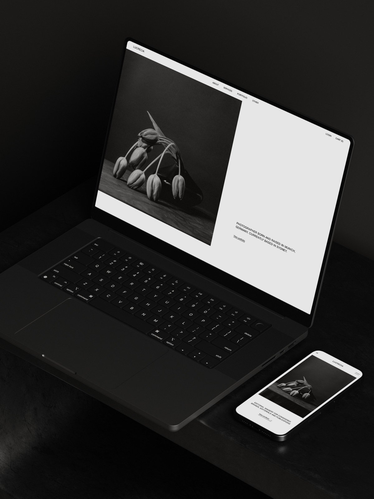 The Lucrecia premium Squarespace photography template displayed on a laptop and mobile phone screen.