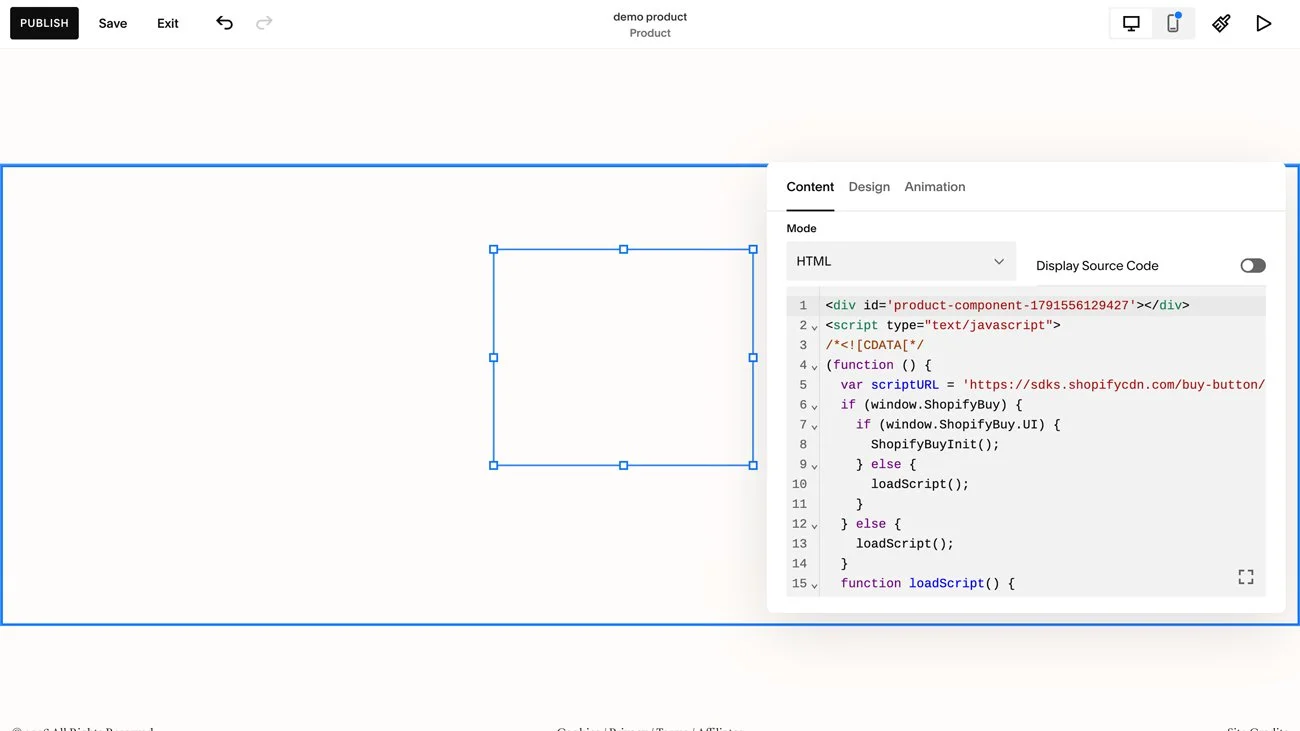 Pasting the Shopify Buy Button embed code into a Squarespace code block.