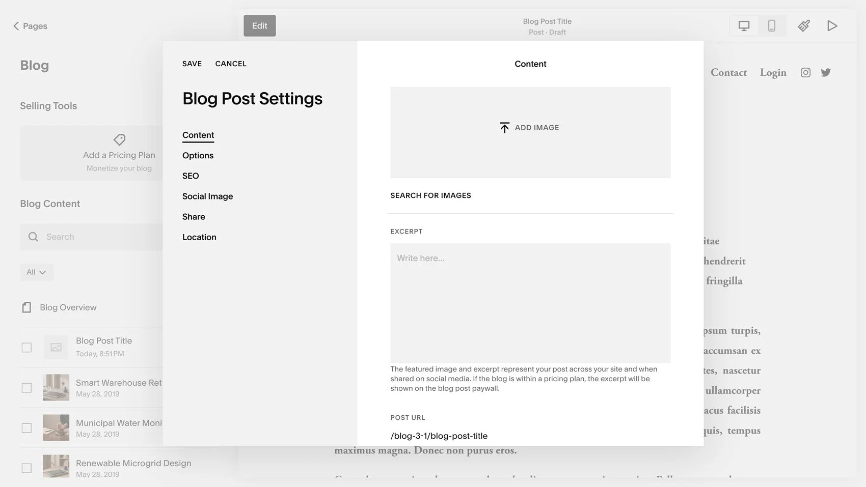 The Squarespace Blog Post Settings area.
