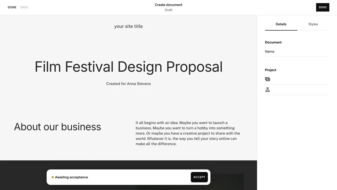 Creating a project proposal in Squarespace invoicing,