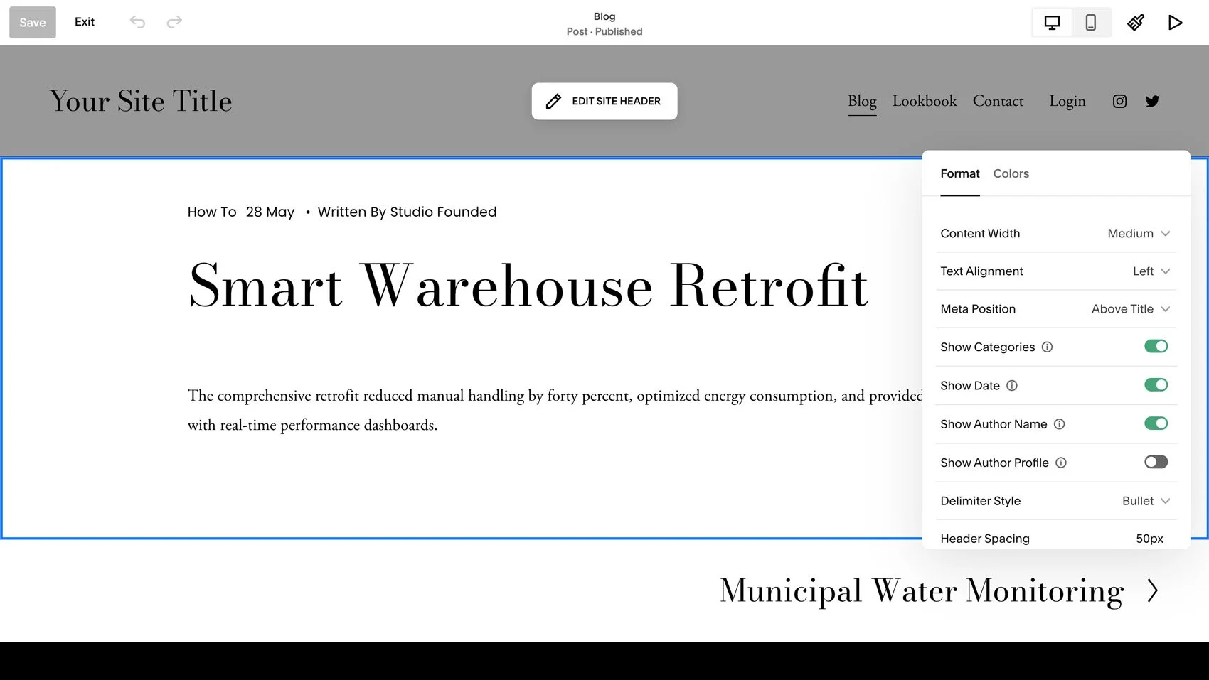 Opening the Format options for Squarespace blog posts.