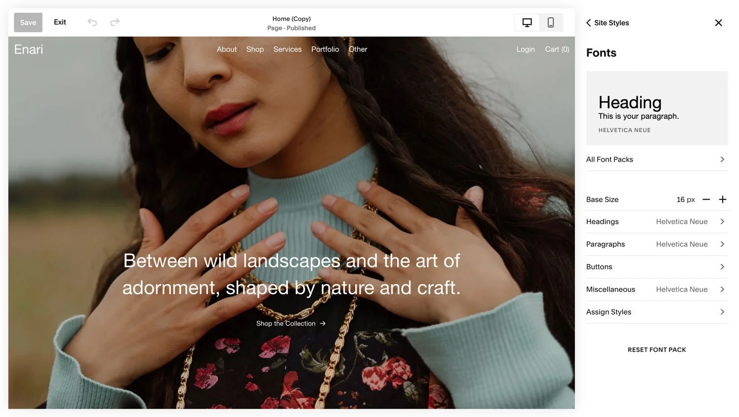 Choosing font styles in Squarespace Site Styles.