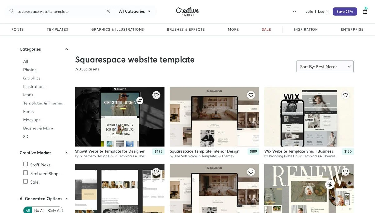 A screenshot of Squarespace Templates for sale on the Creative Market website.
