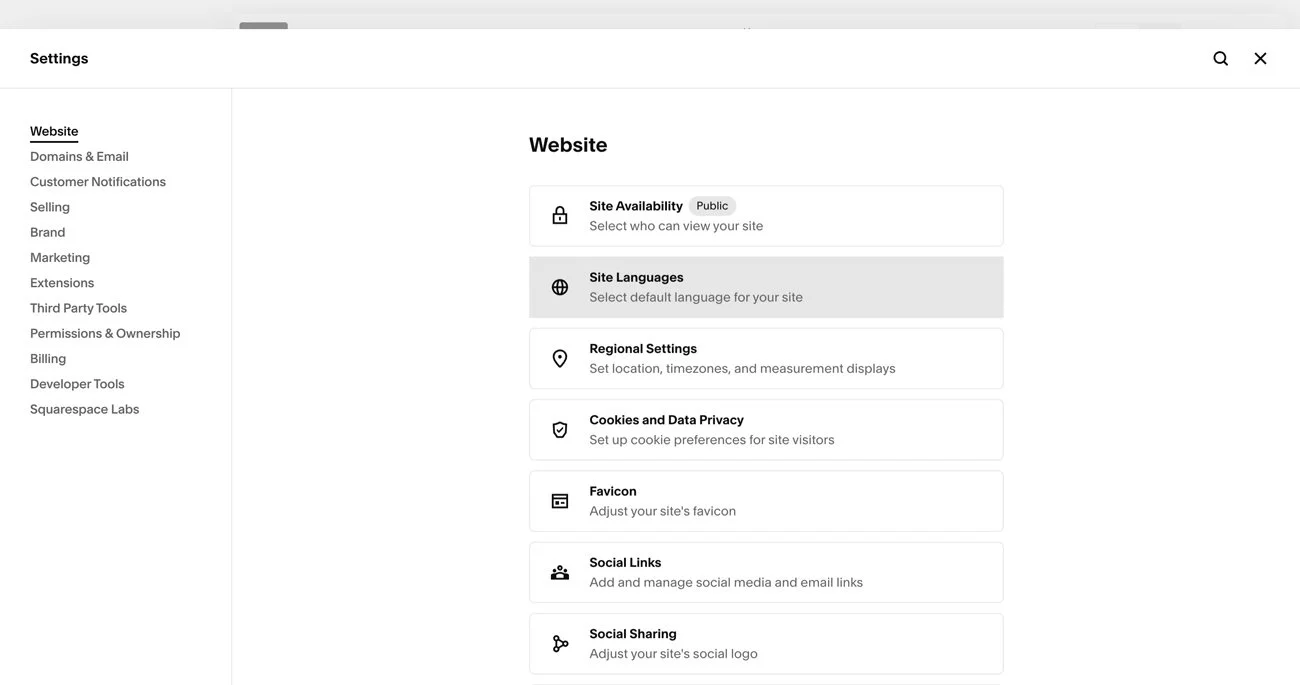 A screenshot of Squarespace Settings where users can select Site Languages.