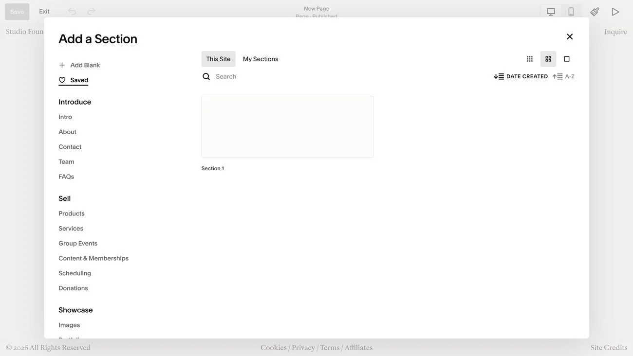 The Squarespace Saved Sections tab.