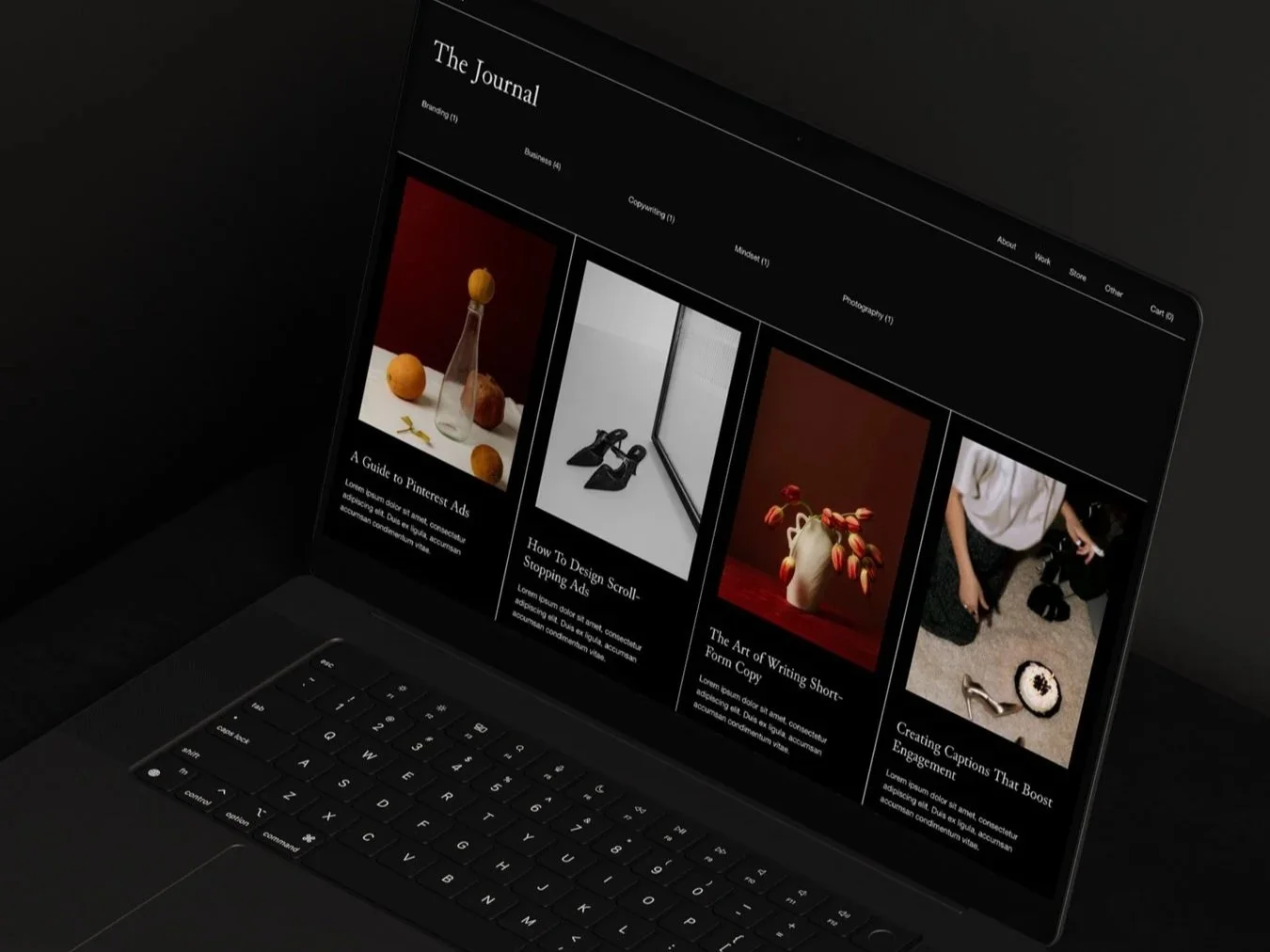 The blog page of the Liren Squarespace template by Studio Founded displayed on a laptop screen, demonstrating the benefits of Squarespace design tools.