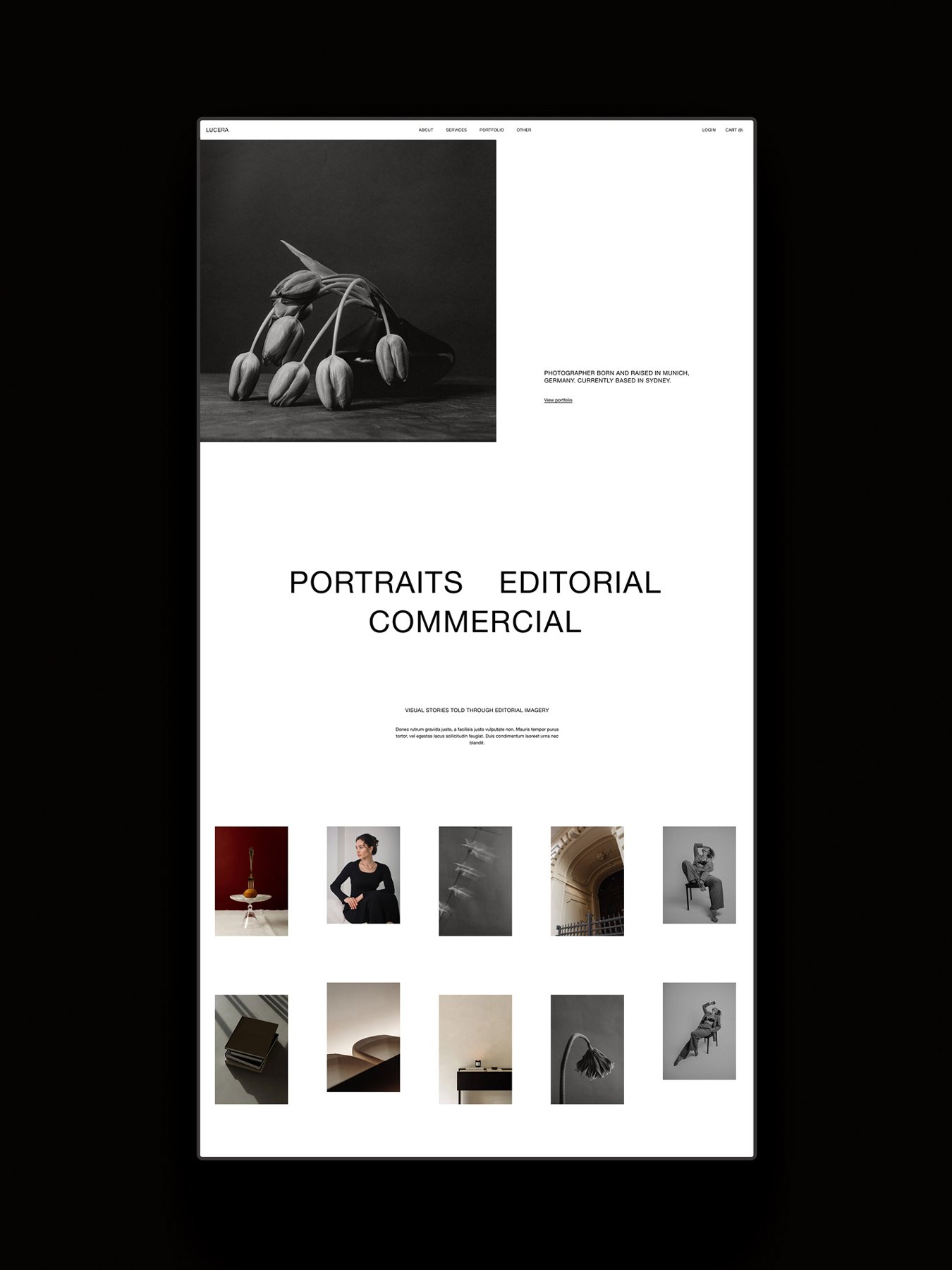 A website homepage for a photography portfolio shows a black and white photo of tulips in a vase at the top, with sections for portraits, editorial, and commercial photography below, and thumbnail images of various photographs at the bottom.
