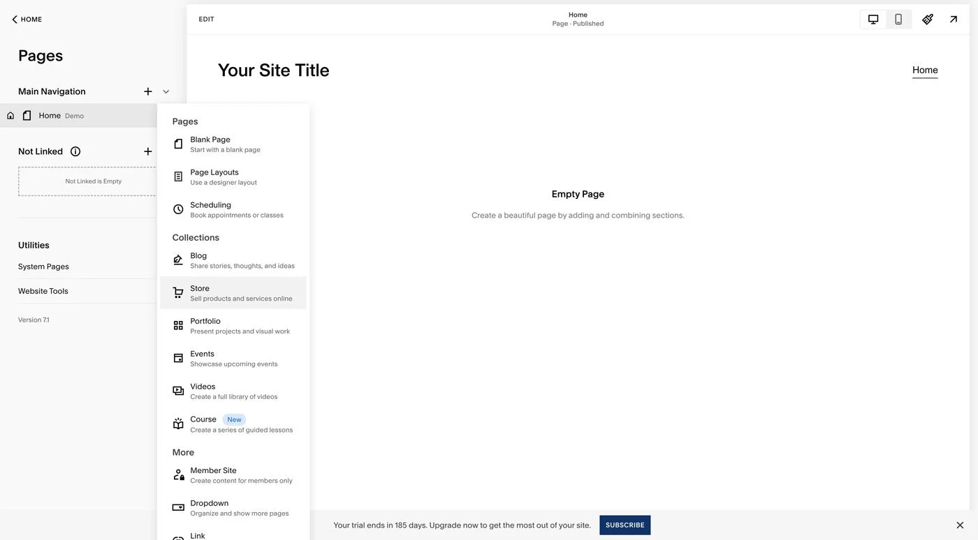 Showing how to setup a shop on Squarespace in the Squarespace editor.