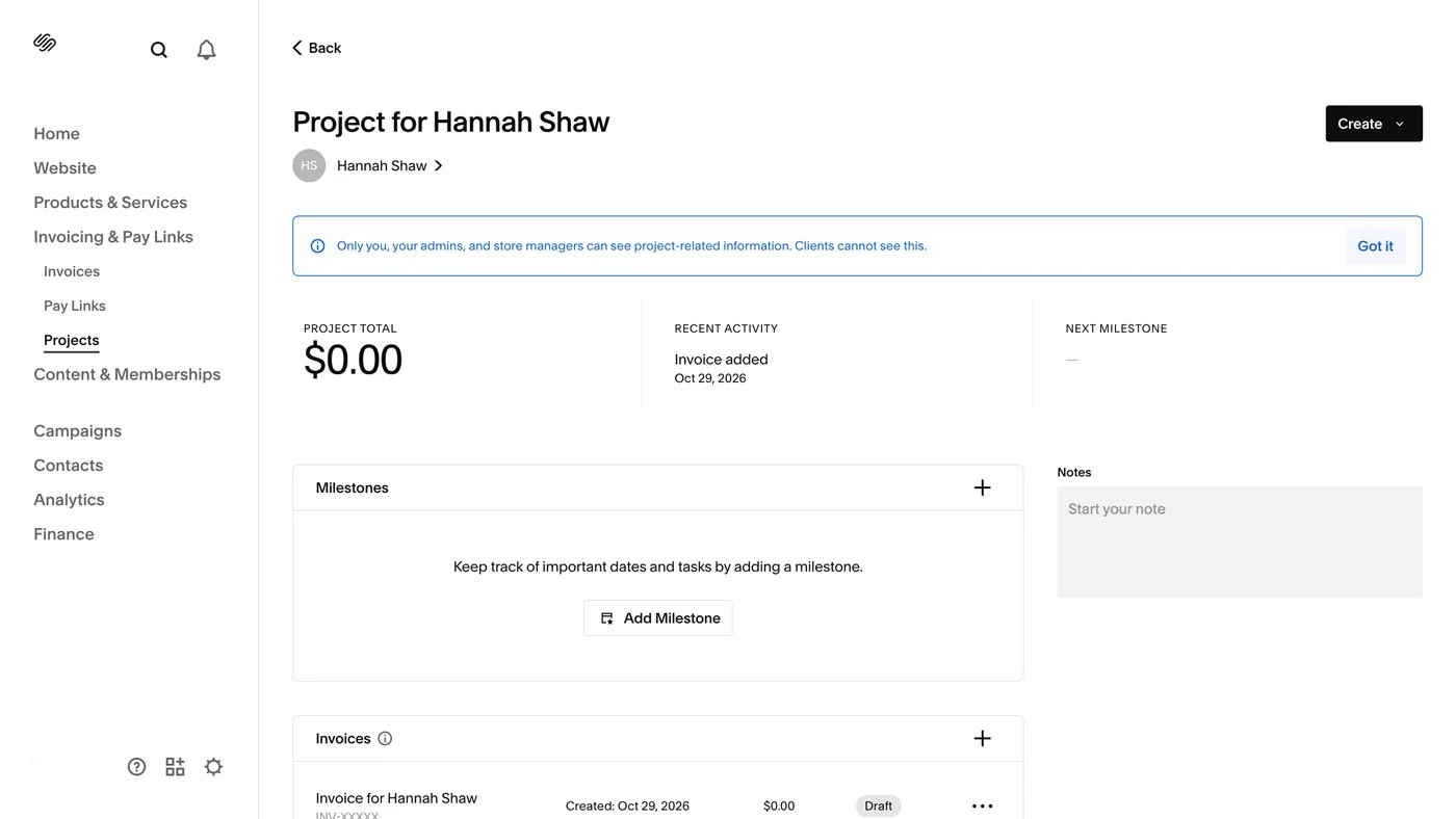 The Project area in Squarespace Invoicing.