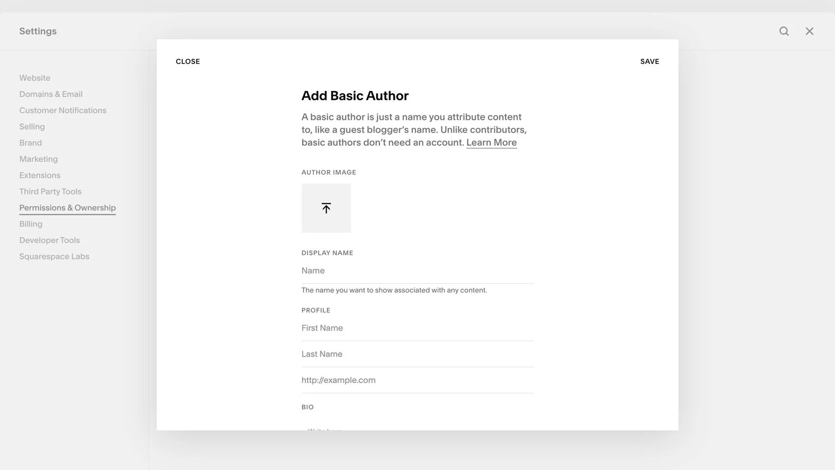 Adding a basic author in Squarespace.