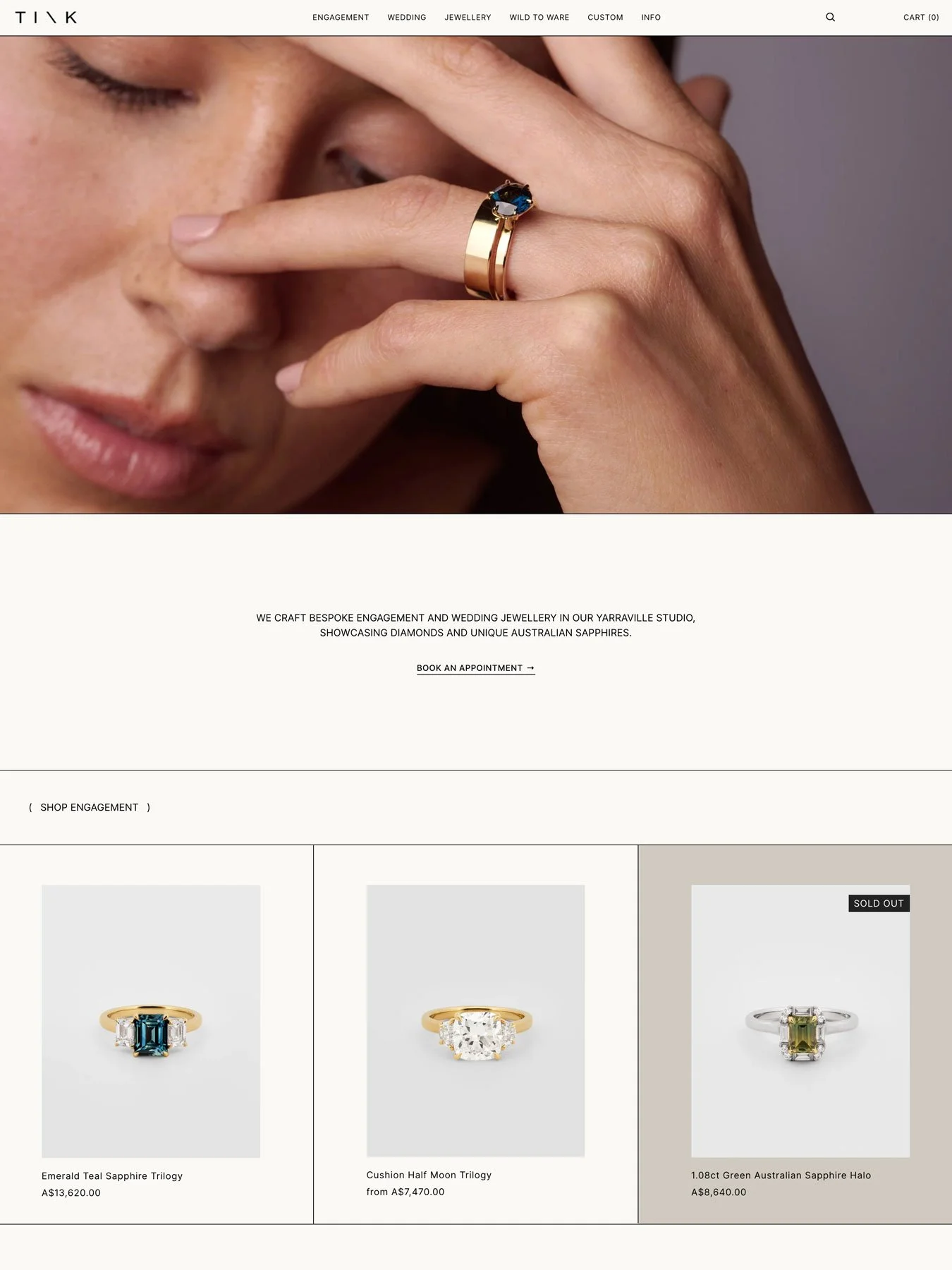 The Tink Jewellery website home page.