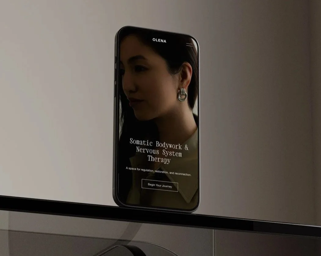 The Olena Squarespace template for therapists displayed on a mobile phone screen.
