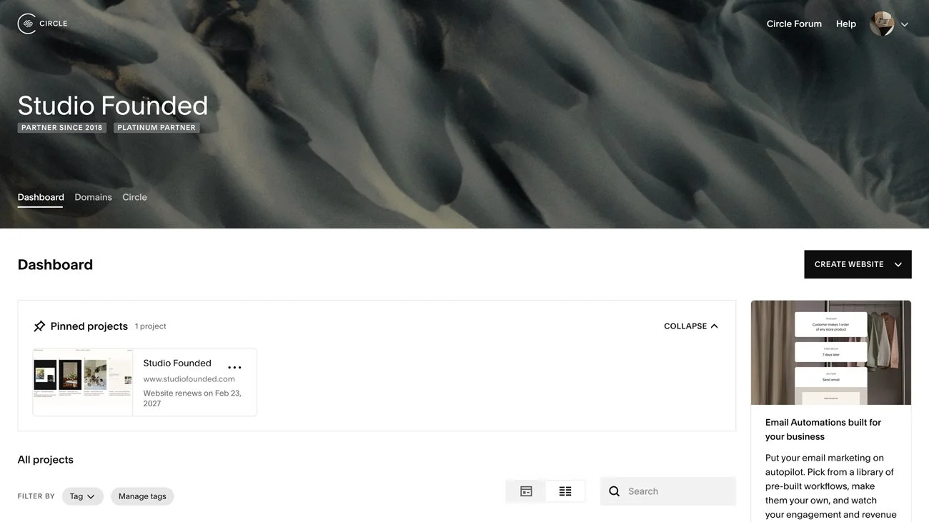 The Squarespace account dashboard.