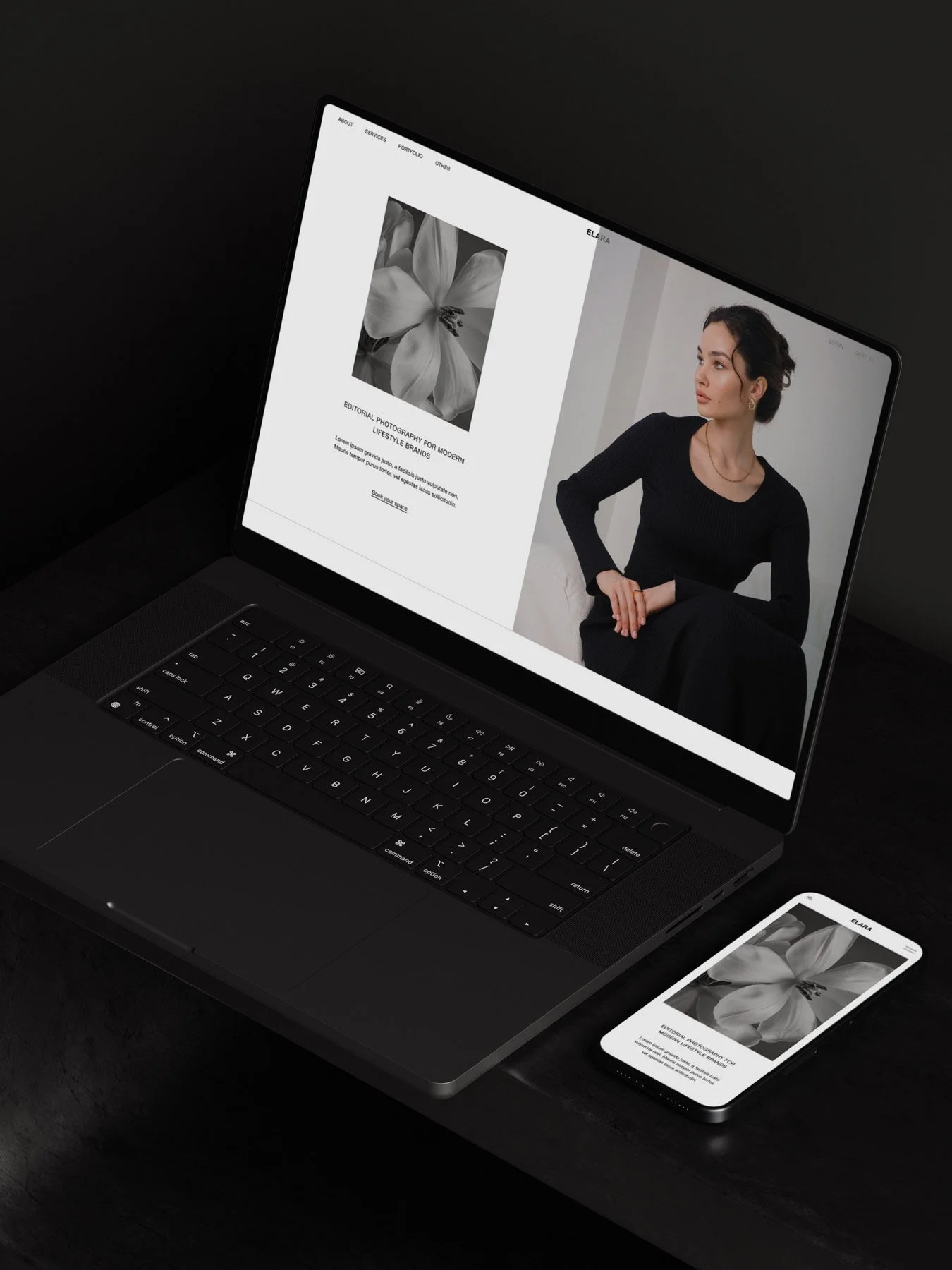 The Elara Squarespace photography template displayed on a laptop screen.