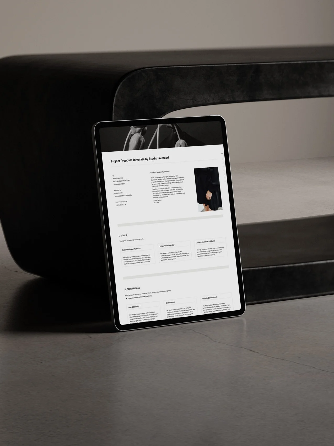 A project proposal template displayed on a iPad screen.