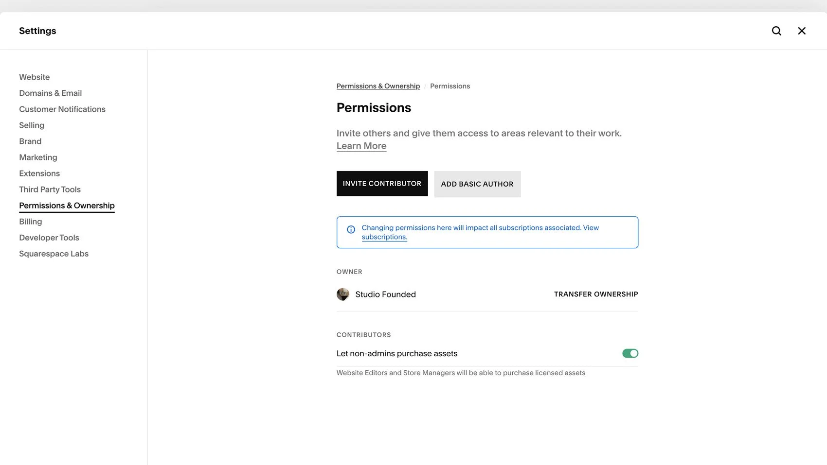 The Permissions area in Squarespace settings.