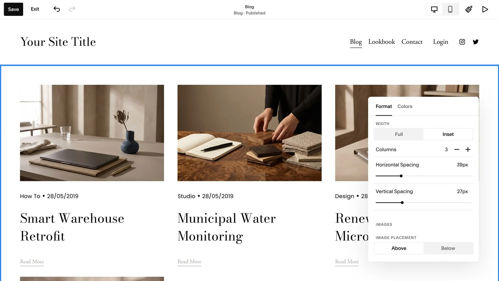 The formatting options for Squarespace blog posts.