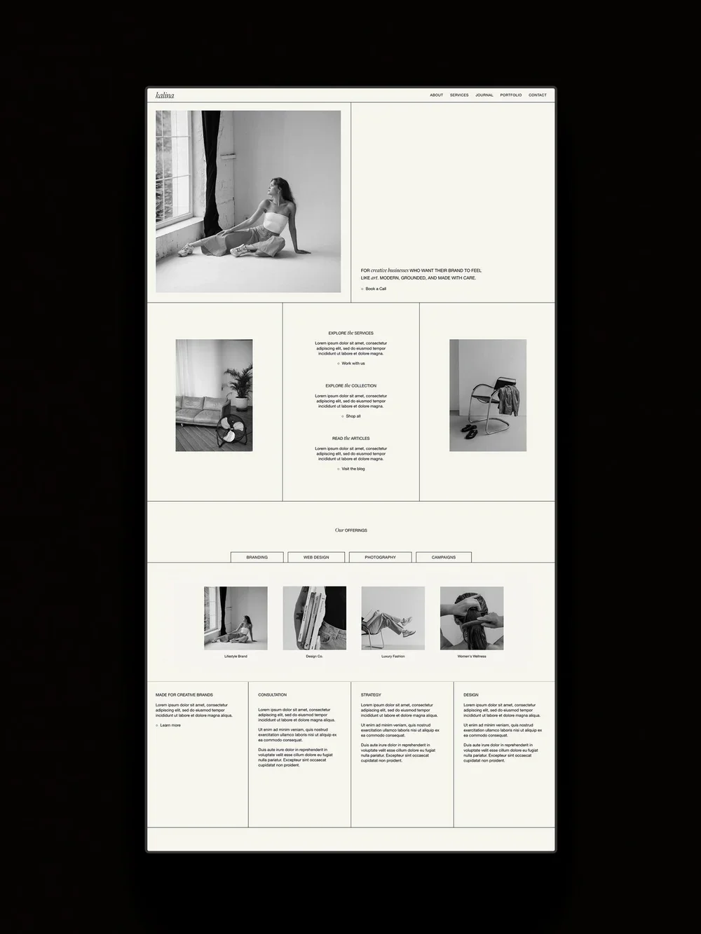 The Kalina Squarespace template displayed on a vertical screen.