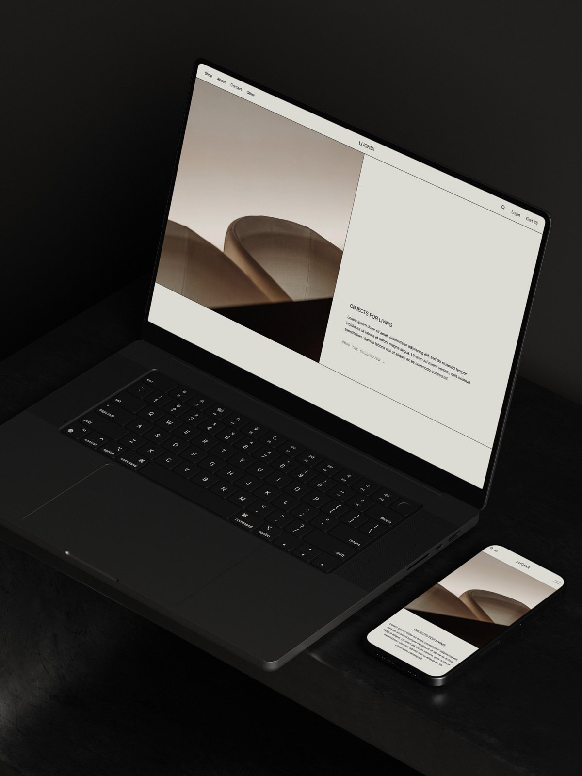 The Luchia Squarespace shop template displayed on a laptop and mobile phone screen.